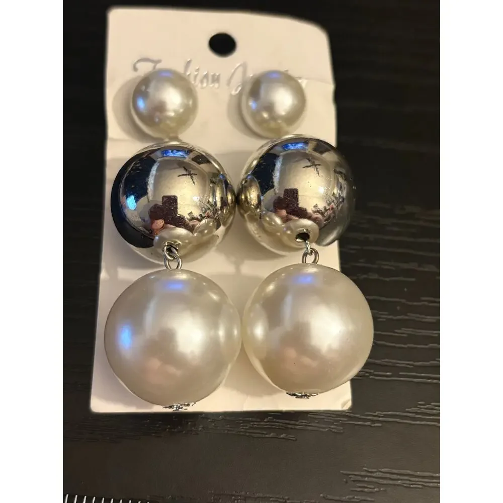 Chunky Pearl & Silver Ball Drop Earrings, Statement Studs